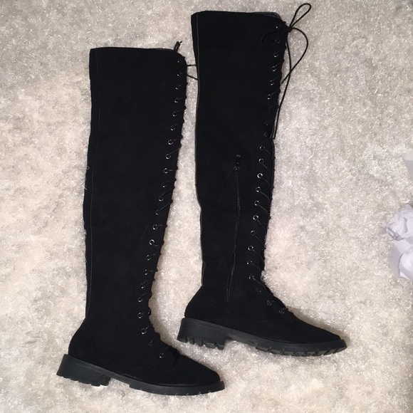 Shoes - Lace Up Over the Knee Faux Suede Low Heeled Boots